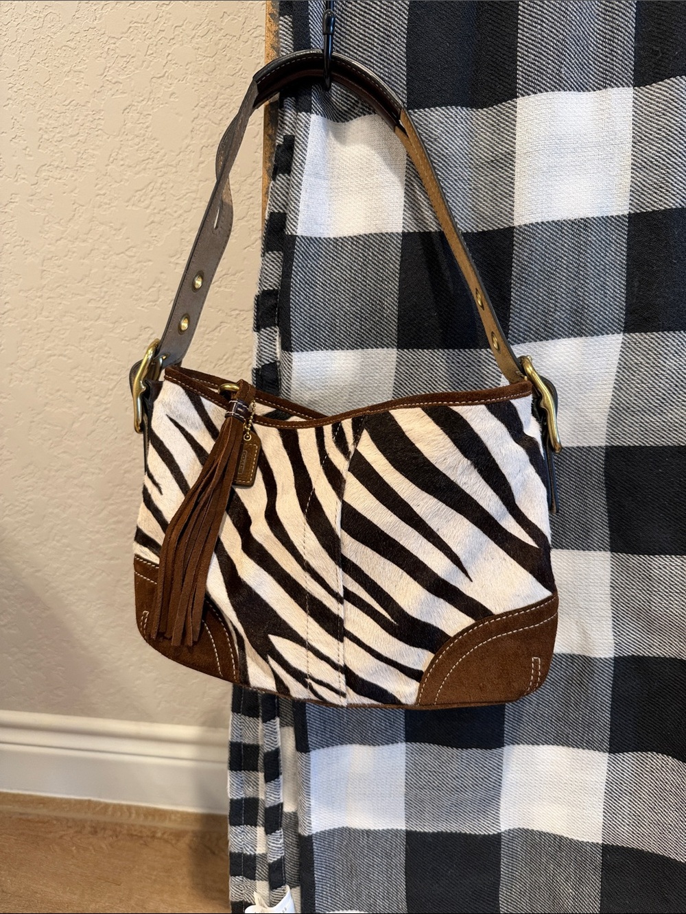 Zebra-hair Shoulder Bag with Brown Suede Trim